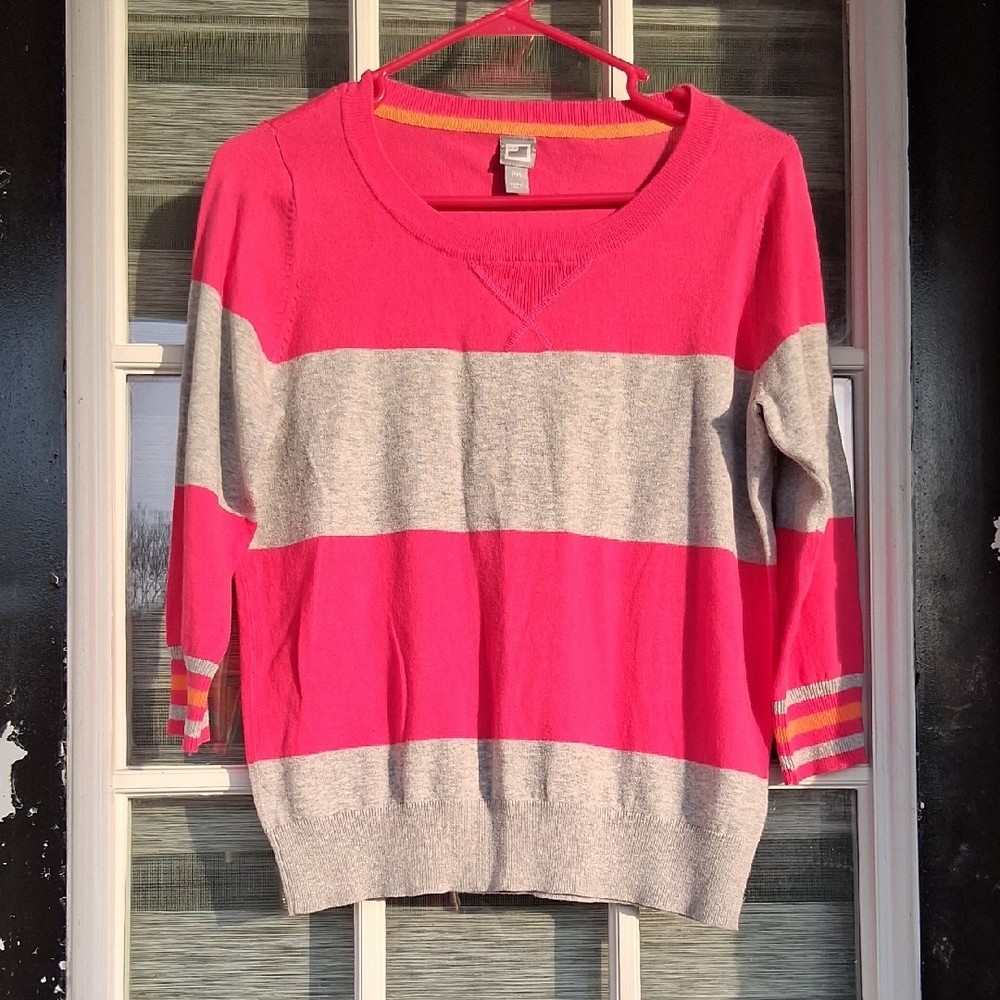 Women's Pink and Gray Striped Sweater